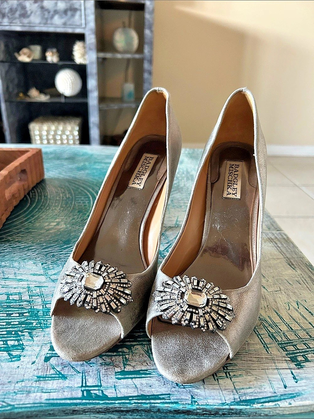 Badgley Mischka Crystal Embellished Pointed Toe Heels in Gray